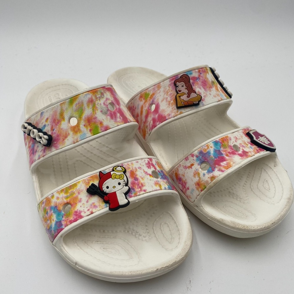 Crocs Unisex Tie Dye Slip On Two-Strap Sandals Slides White Size M 7 W 9